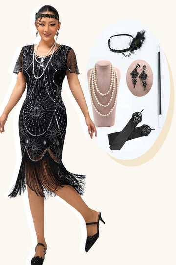 Preto Prata Franjas Sequins 1920s Vestido com 20s Acessórios set
